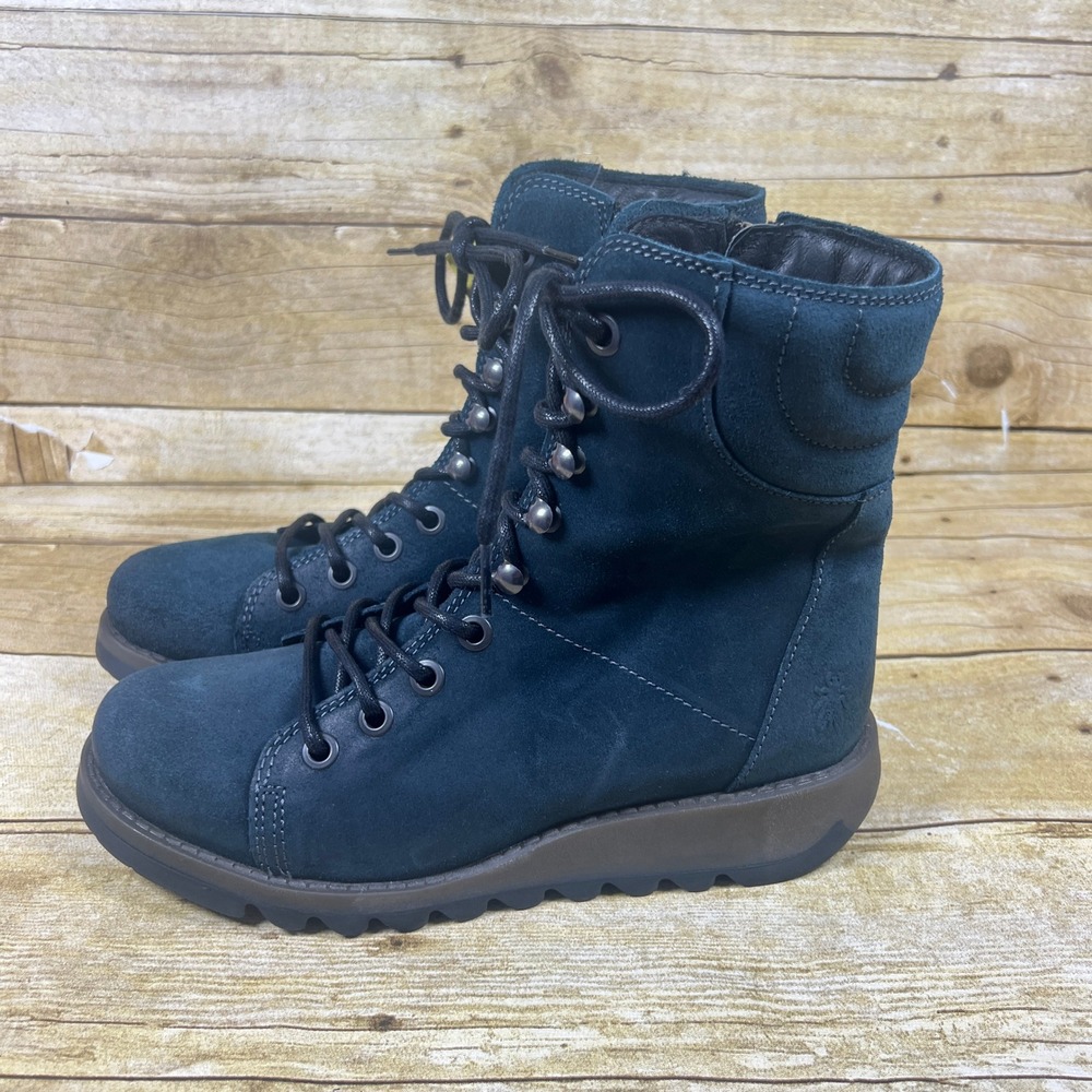Fly London Same 109 Petrol Pampa Blue Suede Lace-up Ankle Boots Size 40/ 9